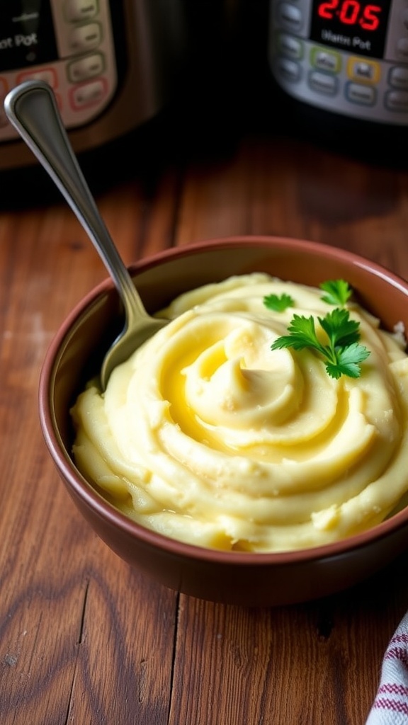 Creamy Whole30 mashed potatoes in a bowl, garnished with parsley, on a wooden table.